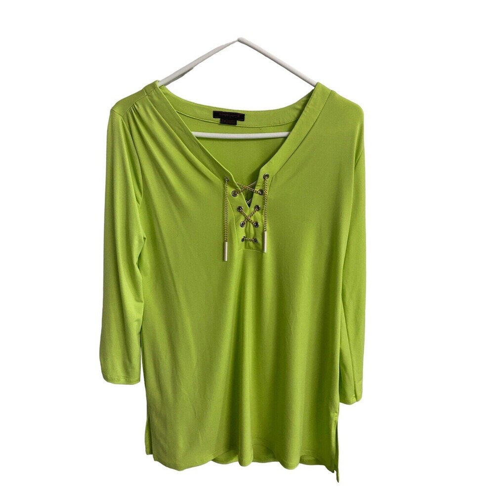 Fontana Top Womens Small Electric Green 3/4 sleeve v neck Chain detail Tunic
